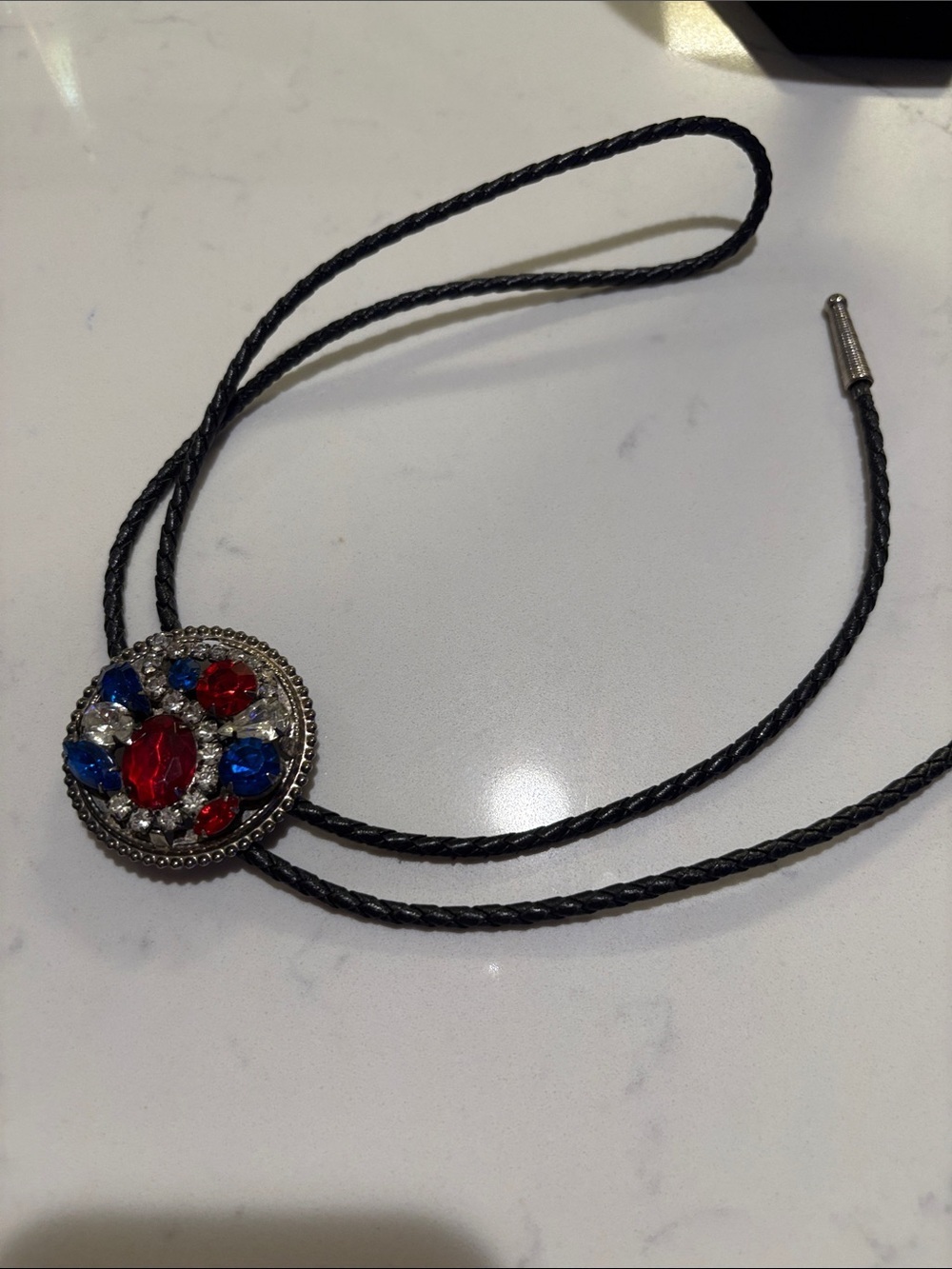 Crystal Bolo Tie Necklace with Red and Blue Gemstones - Picture 3 of 5